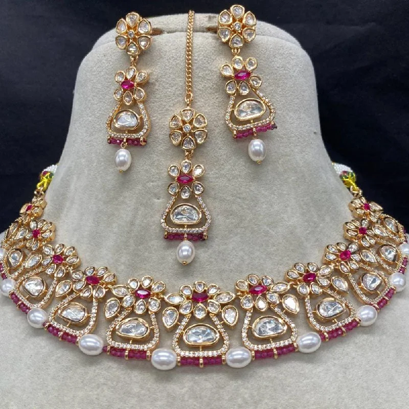 Simple Gemstone Necklace-Amoliya Jewels Gold Plated Polki Kundan Stone And Pearls Choker Necklace Set