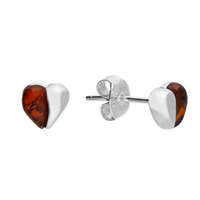 Handcrafted Sterling Earrings-Sterling Silver Amber Split Heart Stud Earrings