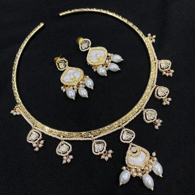 Silver Gemstone Necklace-JCM Gold Plated Polki Kundan Stone And Pearls Choker Necklace Set