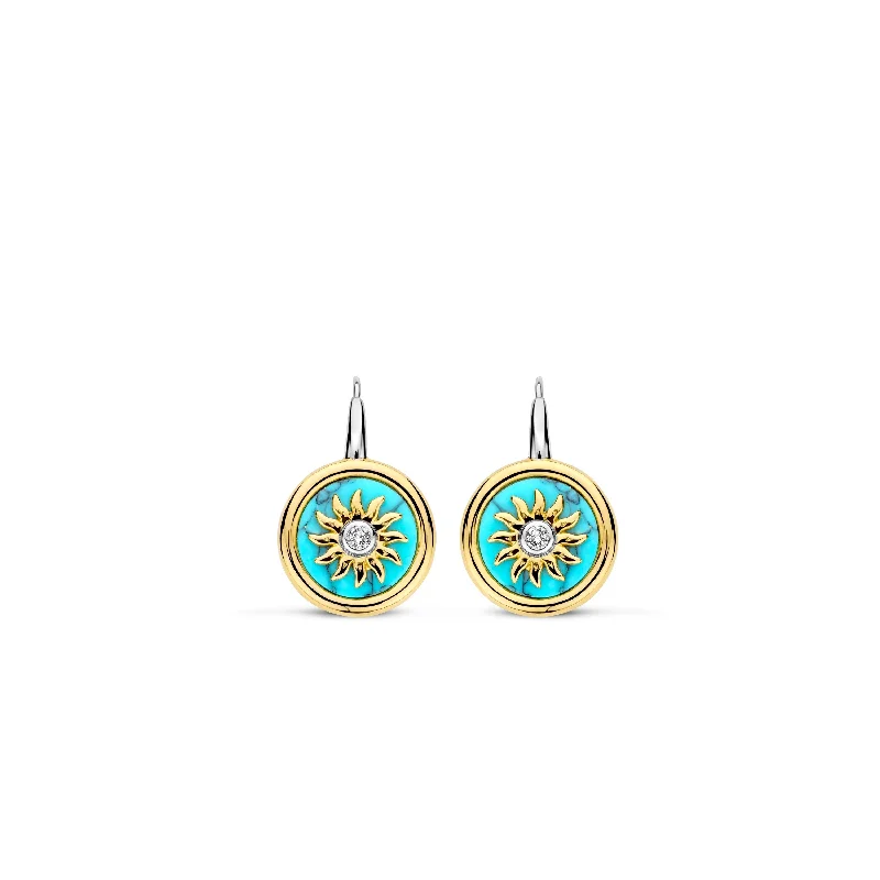 Chic Hoop Earrings-Ti Sento Gold Turquoise Cubic Zirconia Sun Earrings