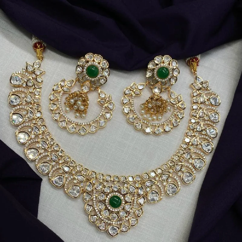 Vintage Pearl and Gold Necklace-Amoliya Jewels Gold Plated Polki Kundan Stone And Pearls Necklace Set