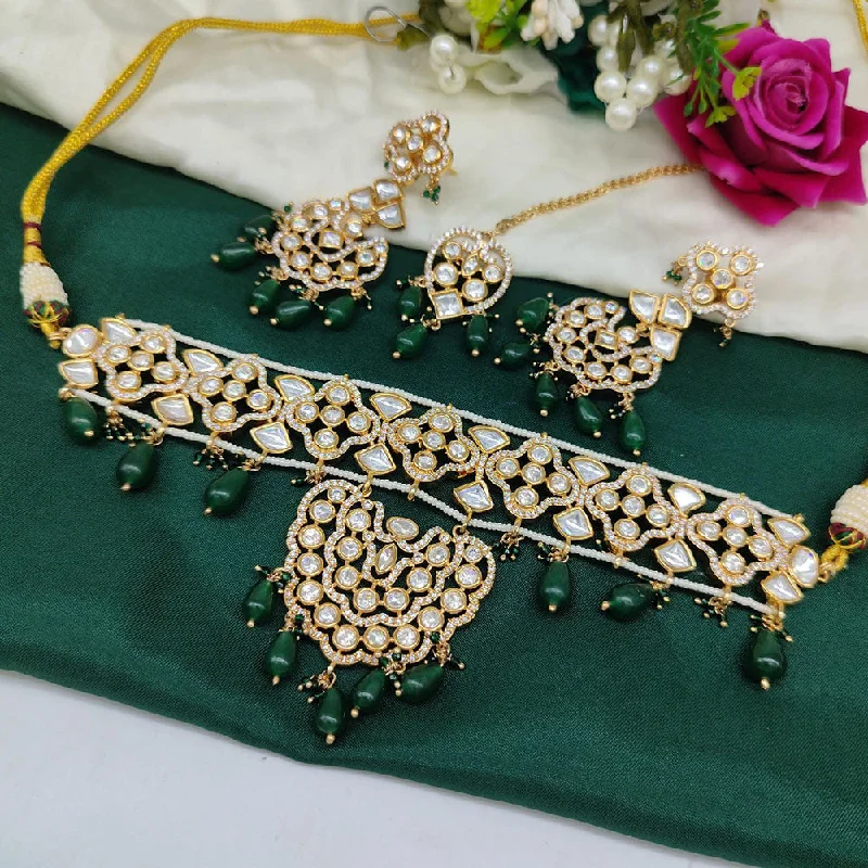 Pearl and Gold Necklace-Akruti Collection Gold Plated  Polki Kundan And Beads Choker Necklace Set