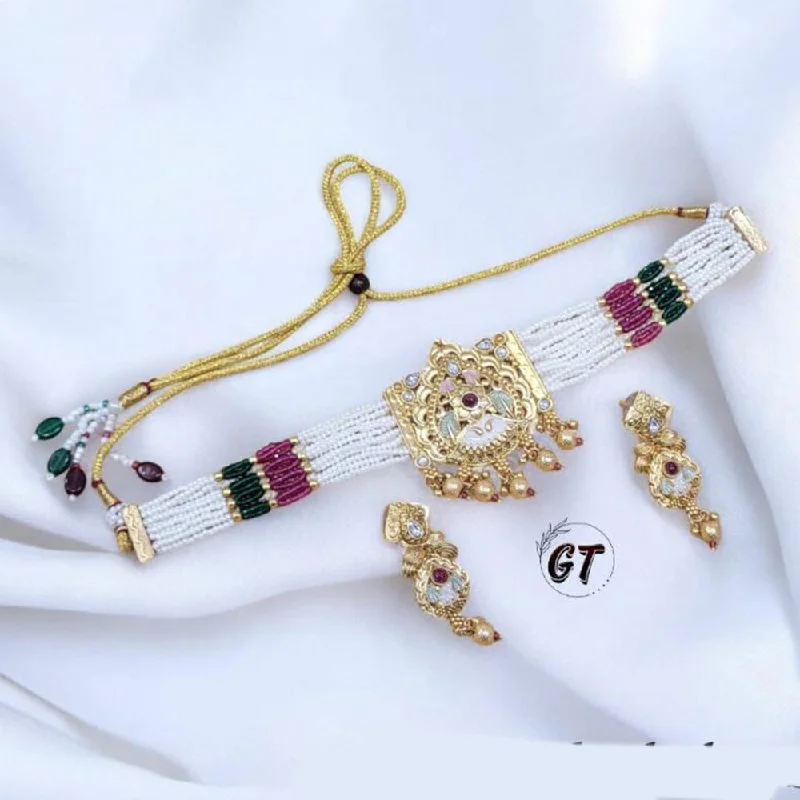 Custom Birthstone Necklace-Manisha Jewellery Gold Plated Pota Stone And Meenakari Pearls Choker Necklace Set