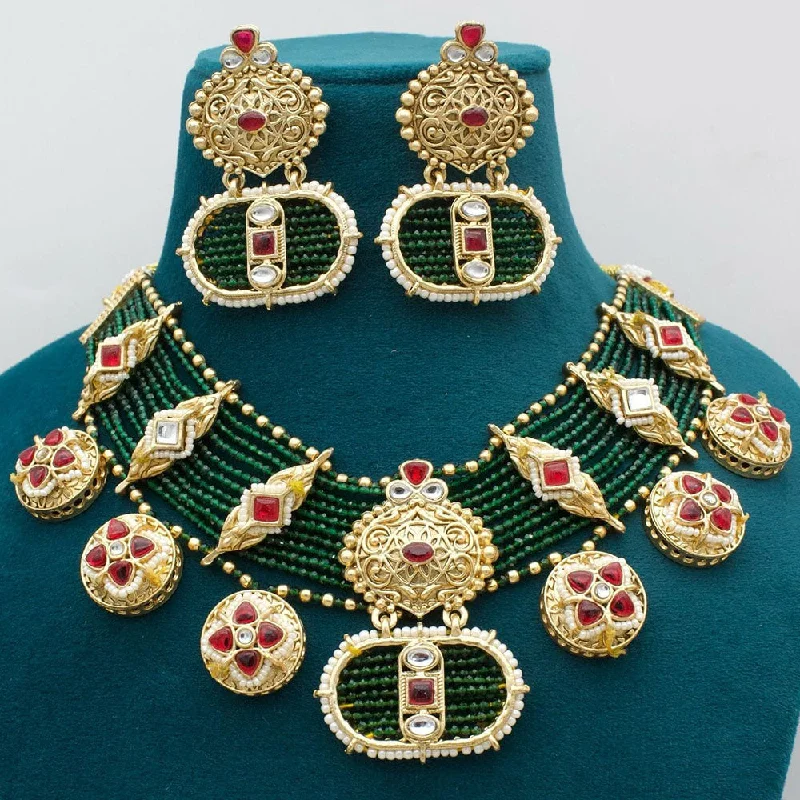 Custom Gold Pendant Necklace-JCM Gold Plated Kundan Stone And Peals Necklace Set