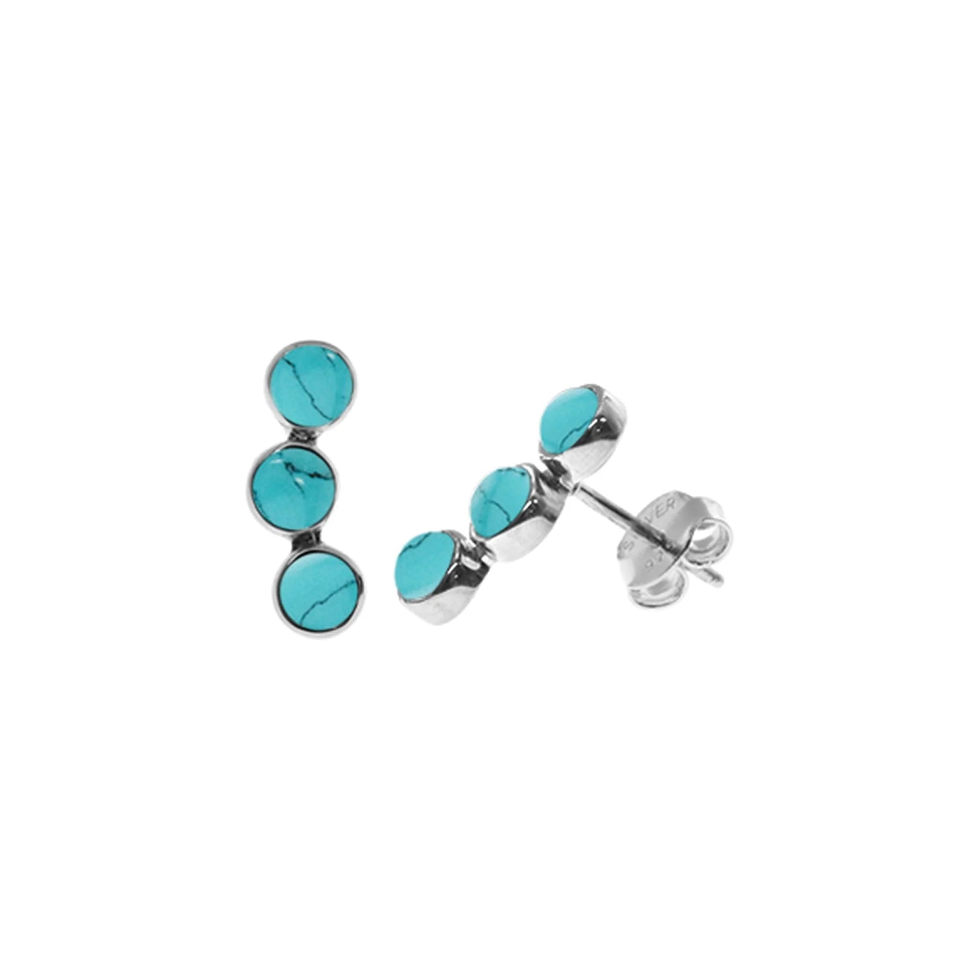 Bold Silver Earrings-Sterling Silver Triple Turquoise Arc Stud Earrings