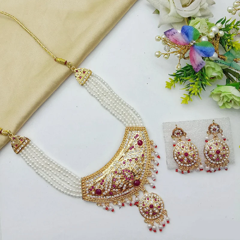 Fashionable Choker Necklace-SP Jewellery Gold Plated Austrian Stone And Pearls Necklace Set