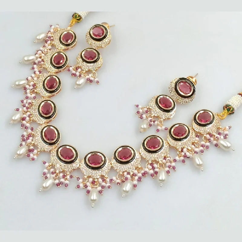 Unique Gemstone Necklace-JCM Gold Plated Polki Kundan Stone And Pearls Necklace Set