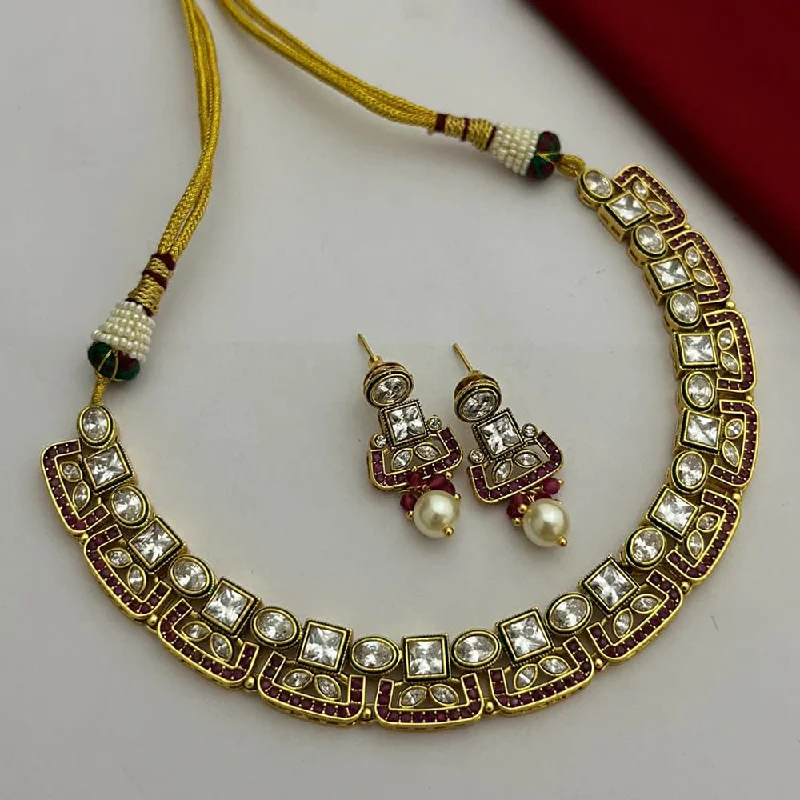 Silver Rope Necklace-FS Collection Gold Plated Kundan Stone Necklace Set