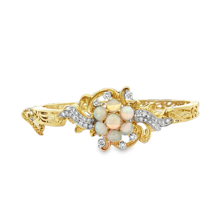 Designer Bangle Bracelets-Vintage Opal and Diamond Bangle Bracelet in 18k Yellow Gold