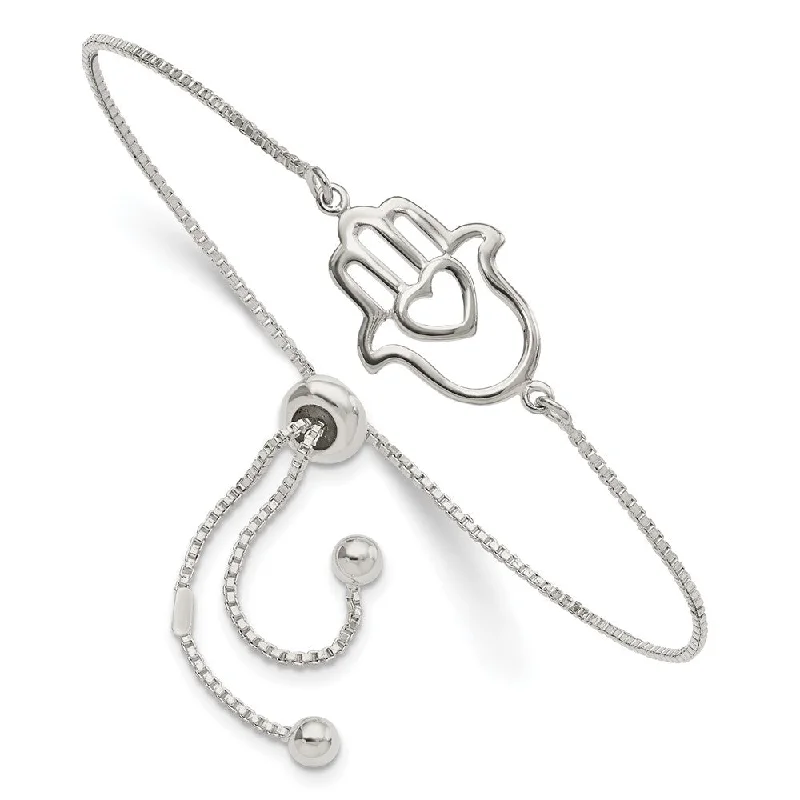 Stackable Silver Bracelets-Sterling Silver Polished Heart Hamsa Adjustable Bolo Bracelet