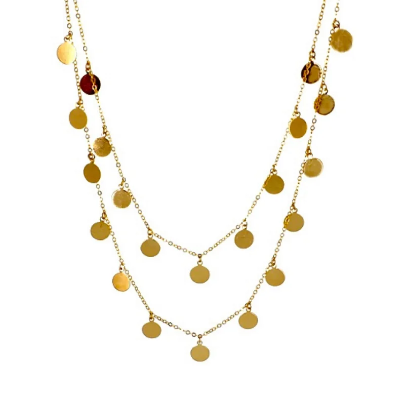 Diamond and Pearl Necklace-Double Chain Gold Disc Layered Necklace