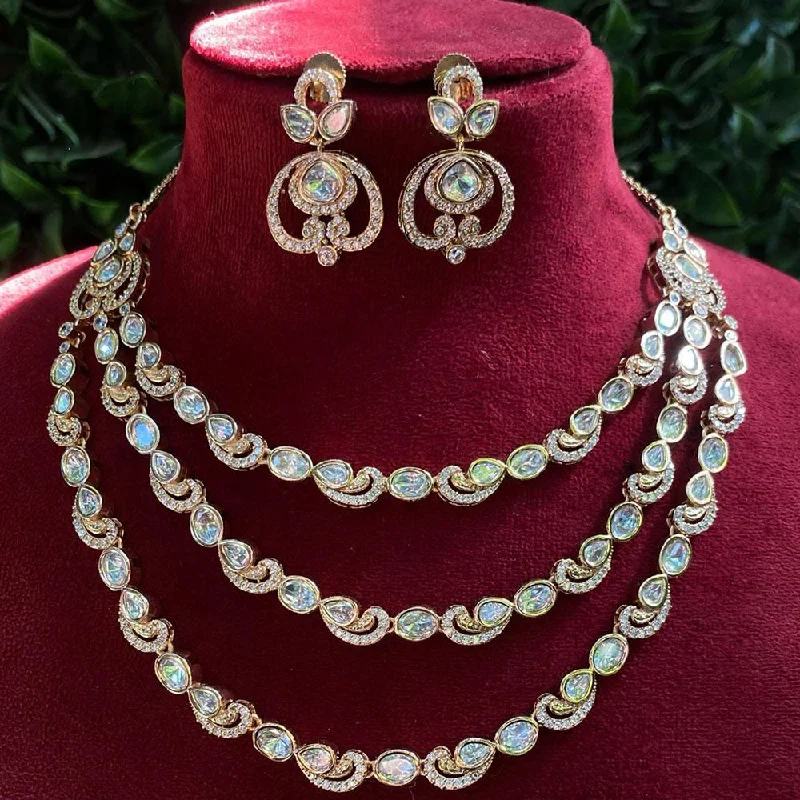 Custom Diamond Necklace-Royal Kundan Jewellery Gold Plated Polki Kundan Multi Layer Necklace Set