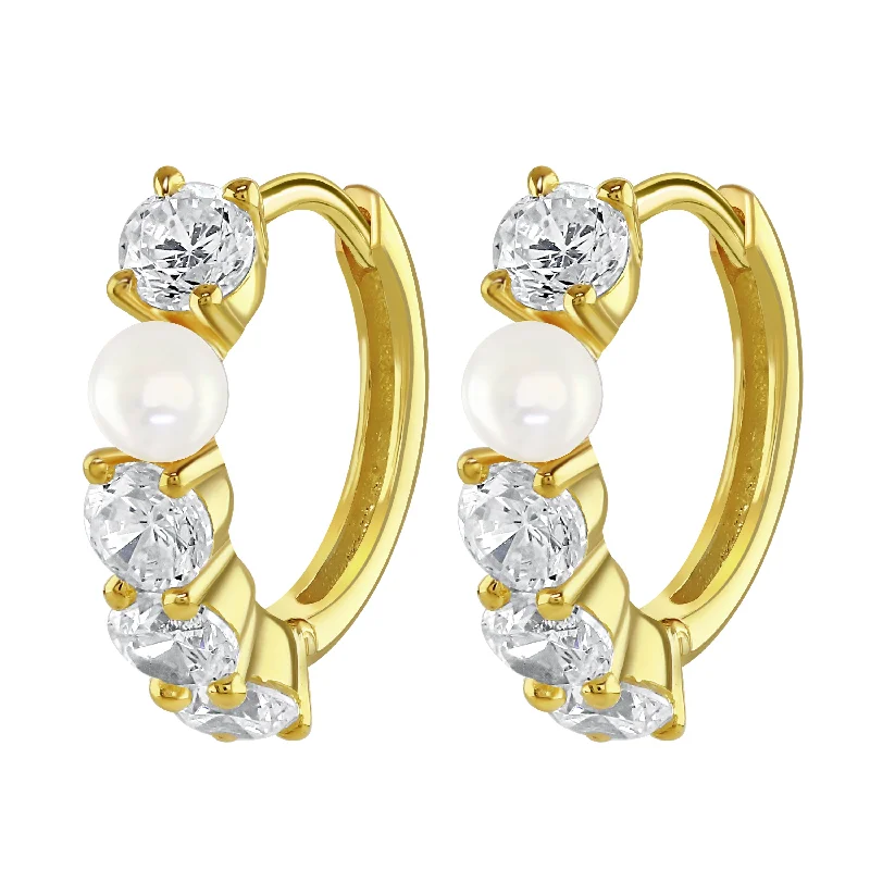 Trendy Pearl Earrings-Gold Plated Cubic Zirconia and Pearl Hoop Earrings