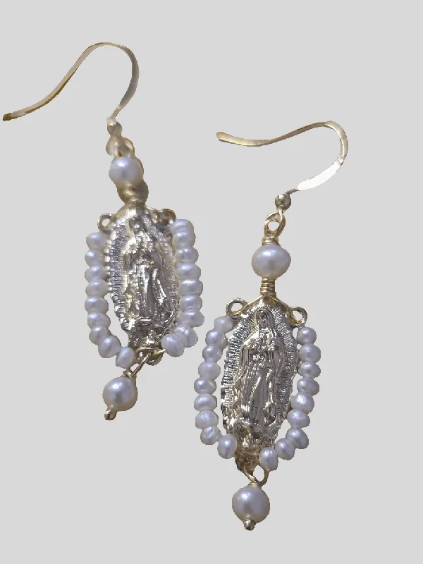 Large Silver Hoop Earrings-Virgen de Guadalupe Rosary Seed Pearl Earrings