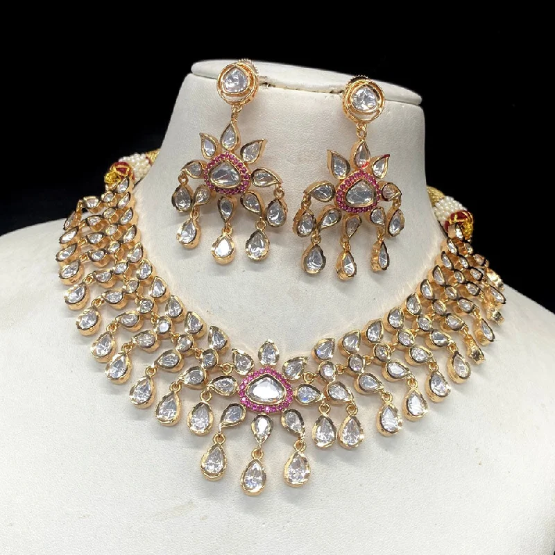 Classic Pendant Necklace-Royal Kundan Jewellery Gold Plated Polki Kundan Necklace Set