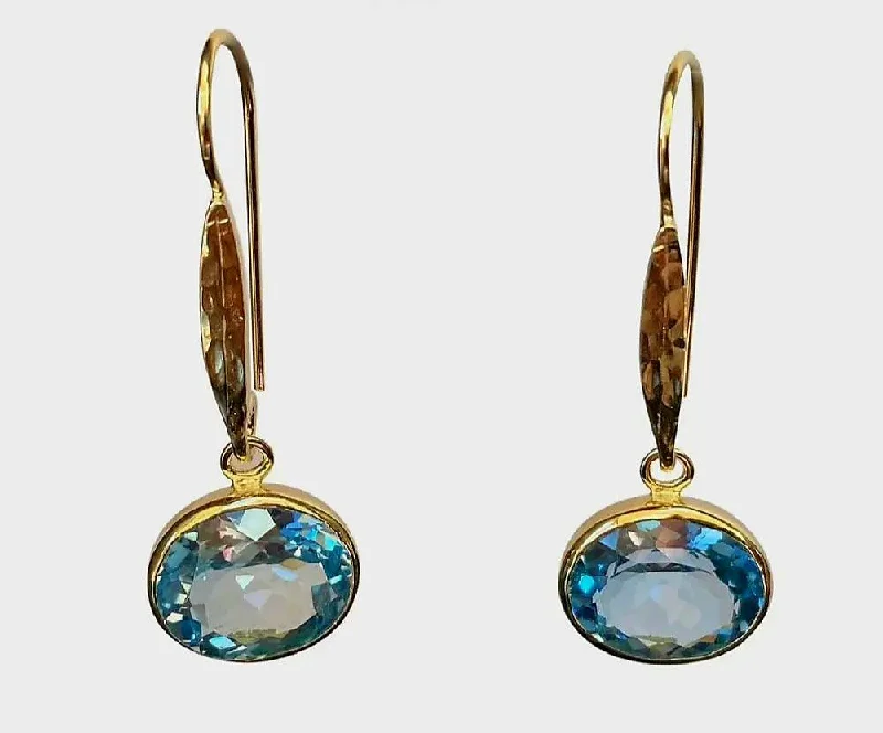 Light Blue Gem Earrings-Gold and Oval Blue Topaz Drop Earrings