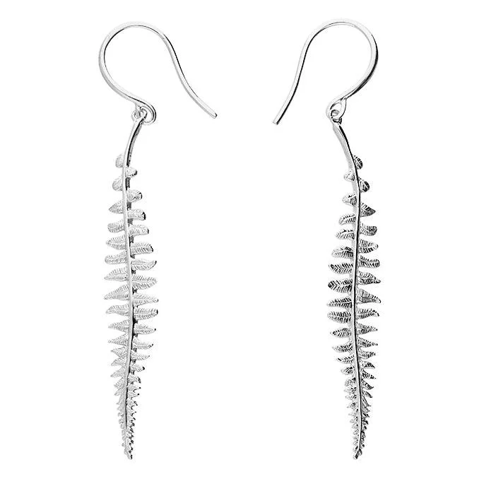 Small Silver Stud Earrings-Sterling Silver Textured Fern Hook Drop Earrings