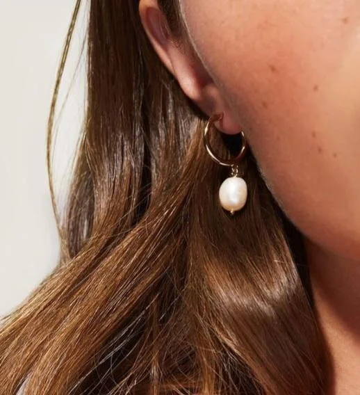 Simple Gold Earrings-Pearl Drop Hoop Earrings