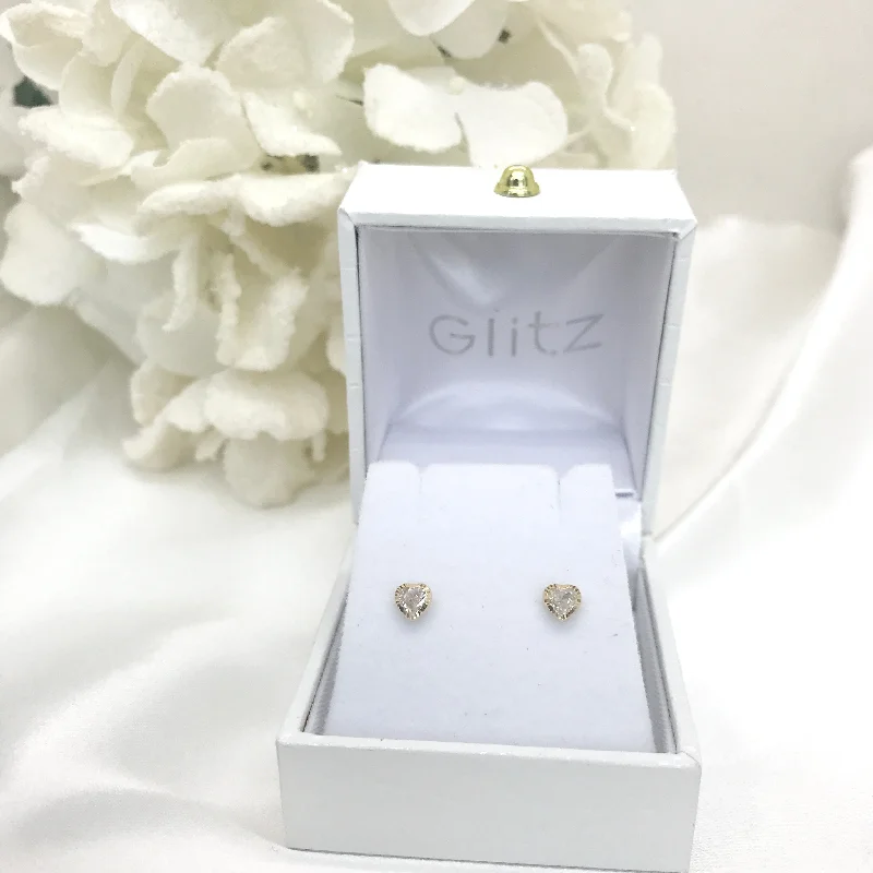 Large Crystal Earrings-14k Yellow Gold Heart CZ Screw back Earrings