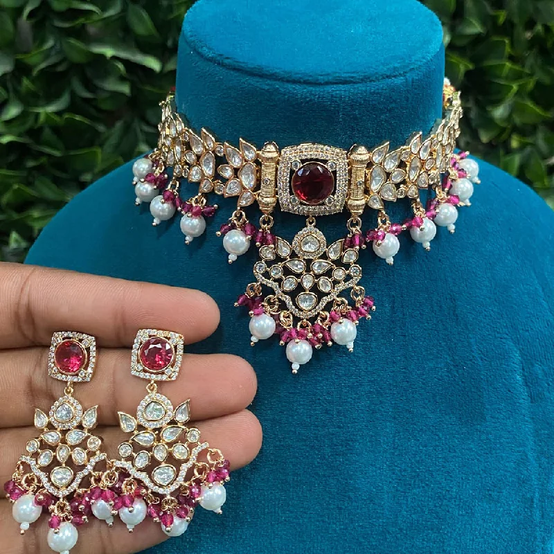 Silver Rope Necklace-Amoliya Jewels Gold Plated Polki Kundan And Pearls Choker Necklace Set