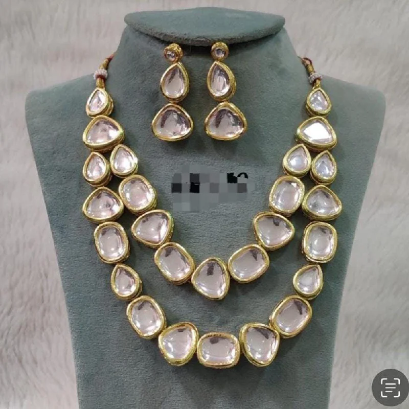 Minimalist Silver Necklace-FS Collection Gold Plated Kundan Stone Necklace Set