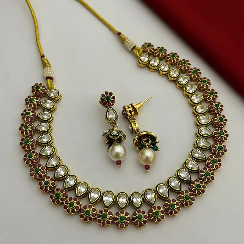 Heart Shaped Gold Necklace-FS Collection Gold Plated Kundan Stone Necklace Set