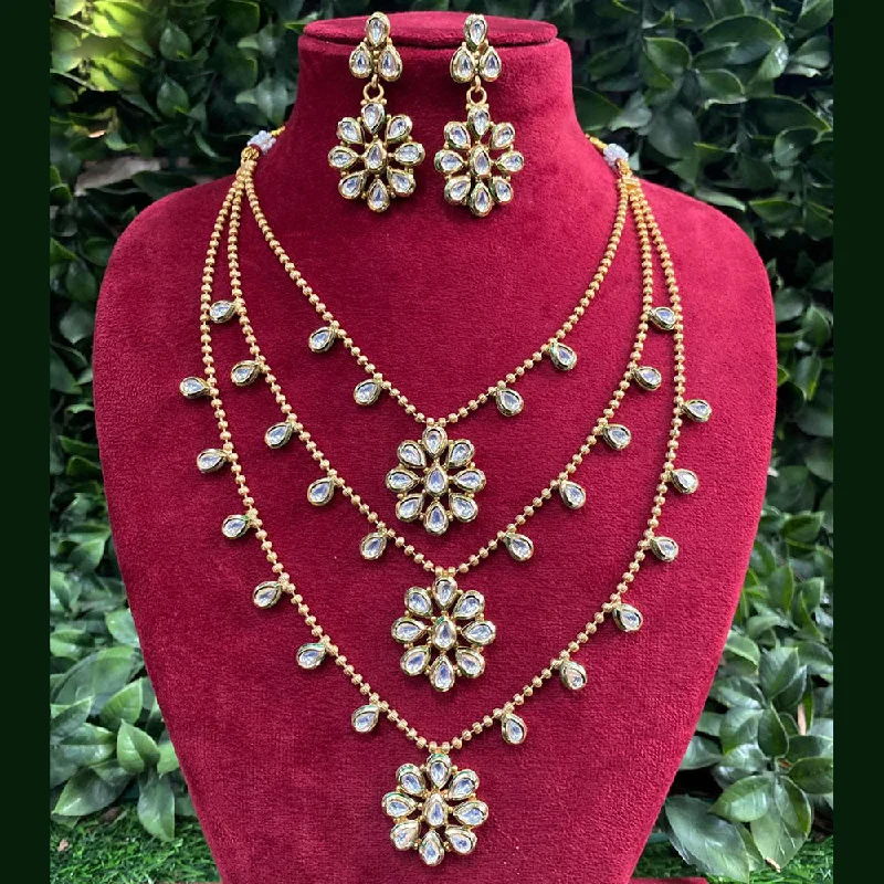 Choker Necklace for Women-Royal Kundan Jewellery Gold Plated Crystal Stone Multi Layer Necklace Set