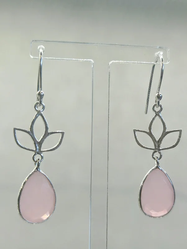 Delicate Diamond Earrings-Lotus Flower Drop Earrings Pink Chalcedony