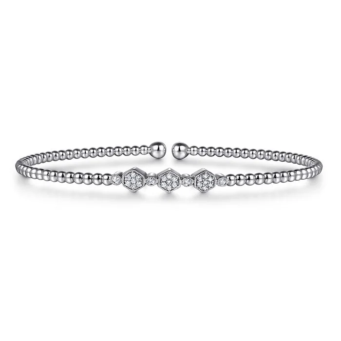 Handmade Silver Bangles-14K White Gold Bujukan Bead and Hexagon Cluster Diamond Bangle