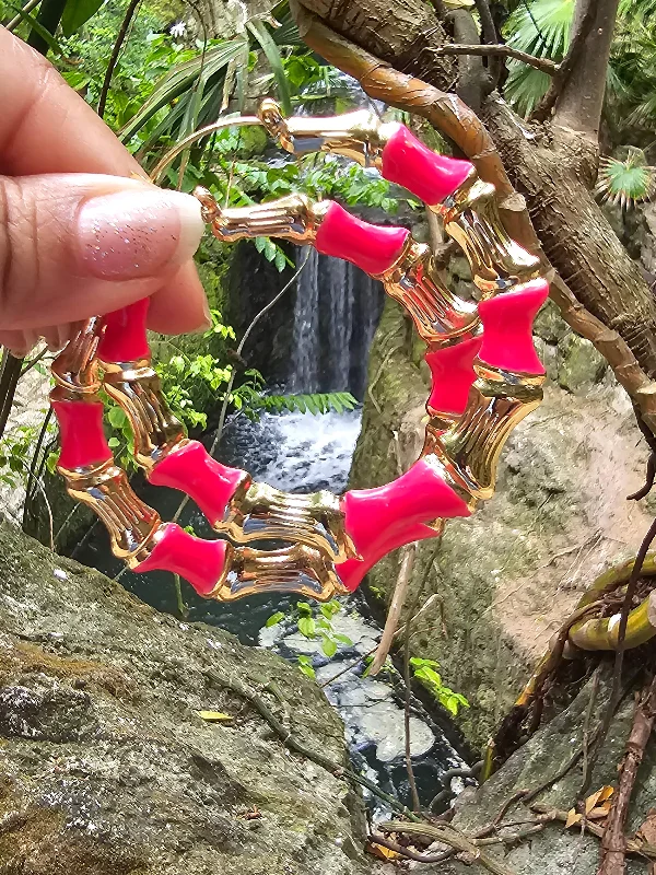 Beautiful Diamond Earrings-Hot Pink Enamel Bamboo Hoop Earrings