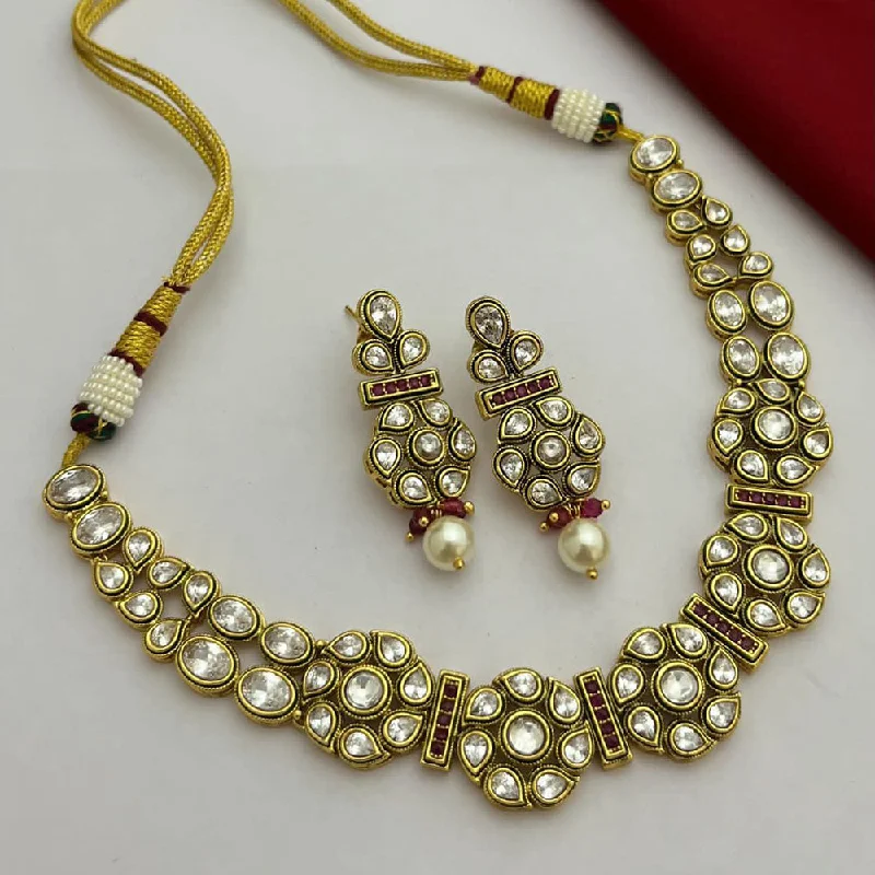 Statement Chunky Necklace-FS Collection Gold Plated Kundan Stone Necklace Set