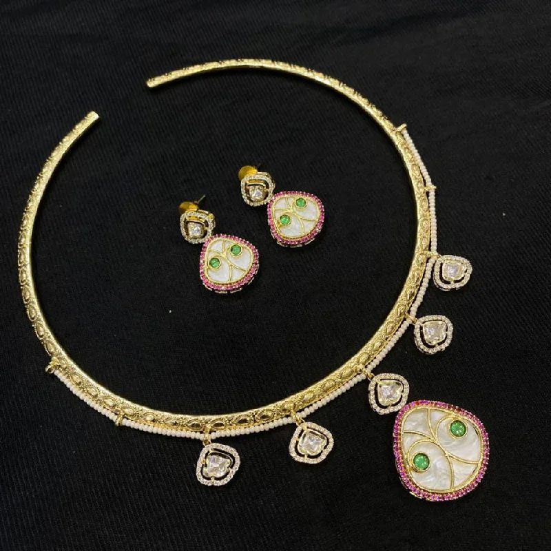 Wedding Bridal Necklace-JCM Gold Plated Polki Kundan Stone Necklace Set