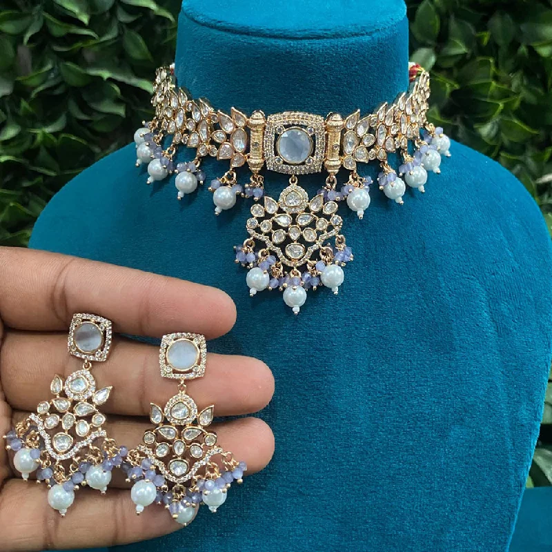 Gemstone Drop Necklace-Royal Kundan Jewellery Gold Plated Polki Kundan And Pearls Choker Necklace Set