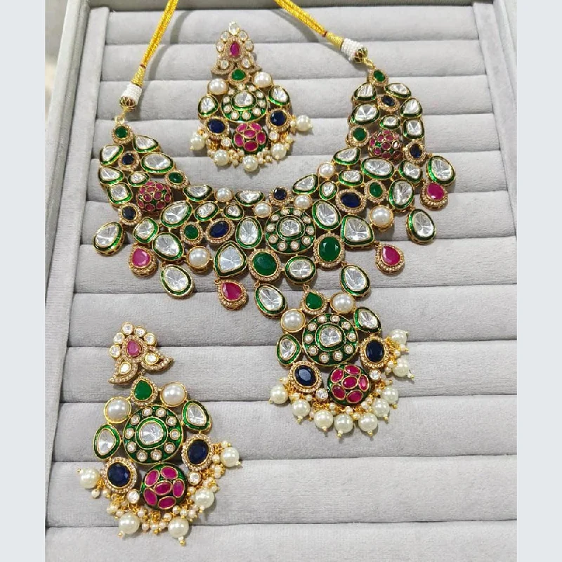 Luxury Diamond Necklace-JCM Gold Plated Polki Kundan Stone Meenakari Necklace Set