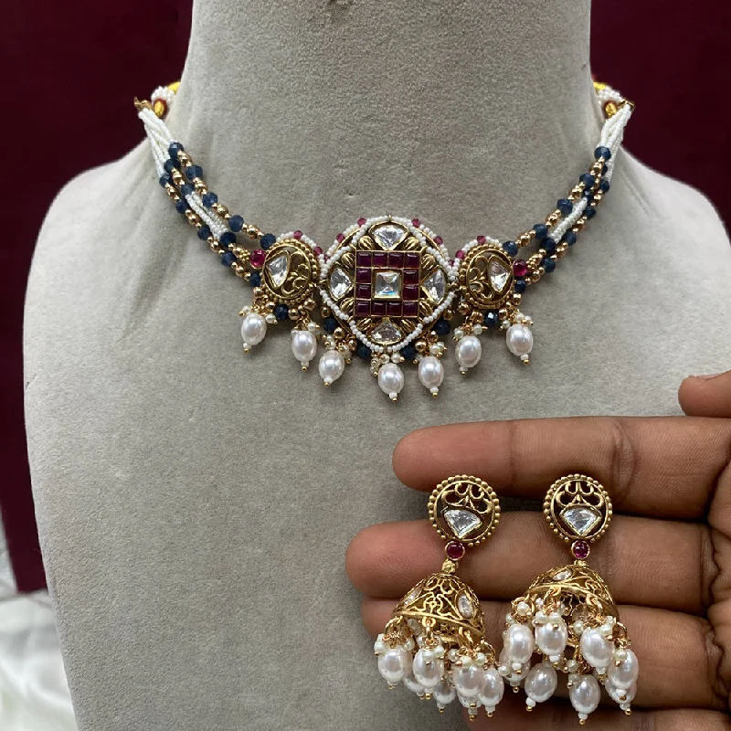 Dainty Chain Necklace-Amoliya Jewels Gold Plated Kundan Stone And Pearls Choker Necklace Set