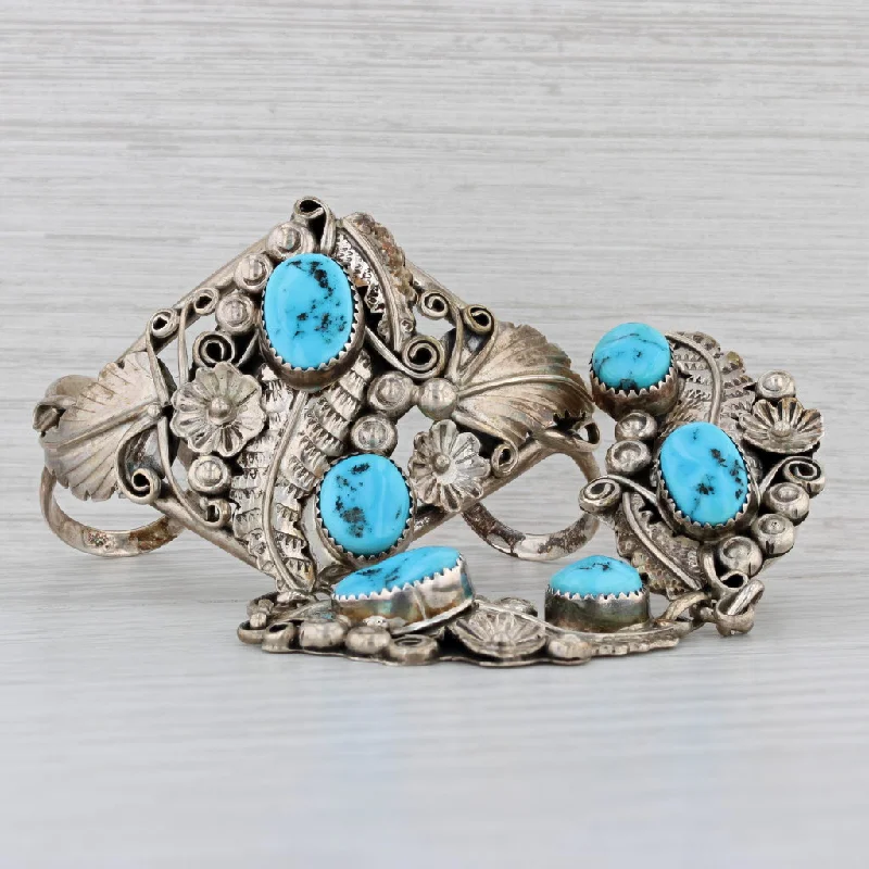 Rose Gold Gemstone Bracelets-Vintage Native American Turquoise Cuff Bracelet Ring Set Sterling Silver Yazzie