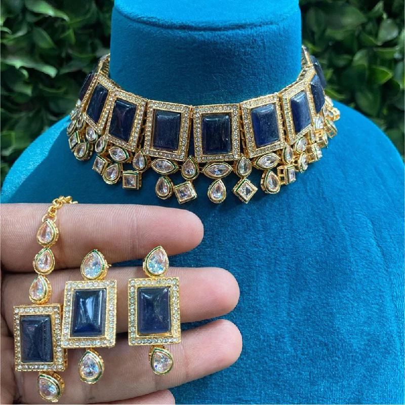 Minimalist Pendant Necklace-Royal Kundan Jewellery Gold Plated Crystal Stone Choker Necklace Set