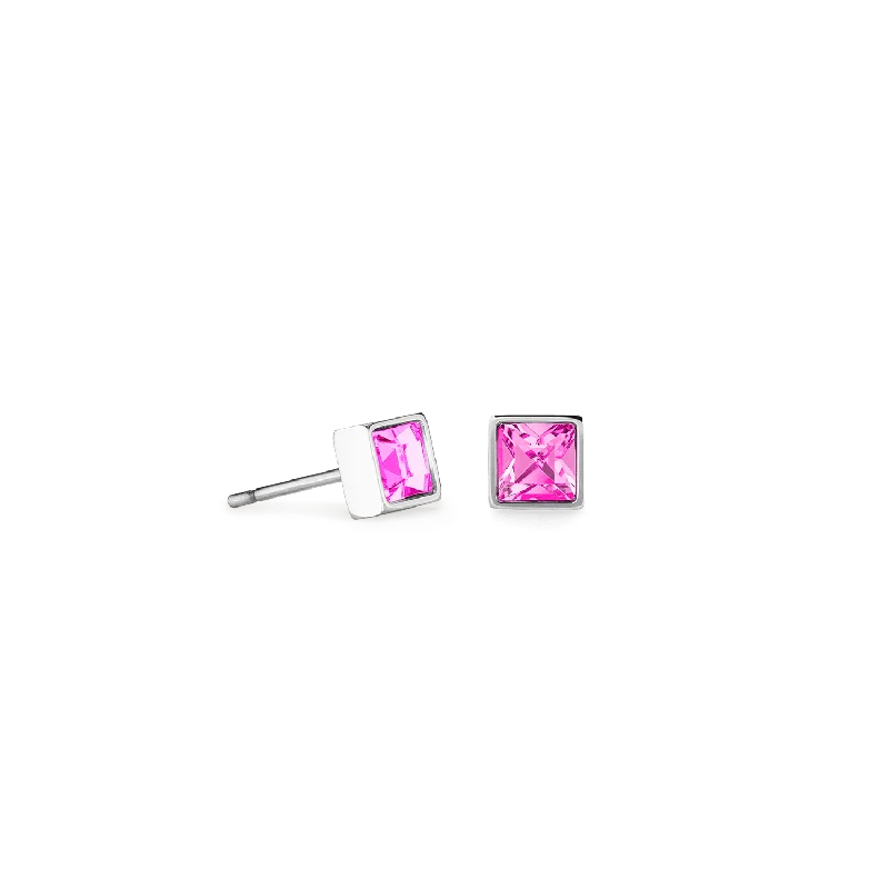 Turquoise Earrings-Coeur De Lion Brilliant Square Silver and Pink Crystal Stud Earrings