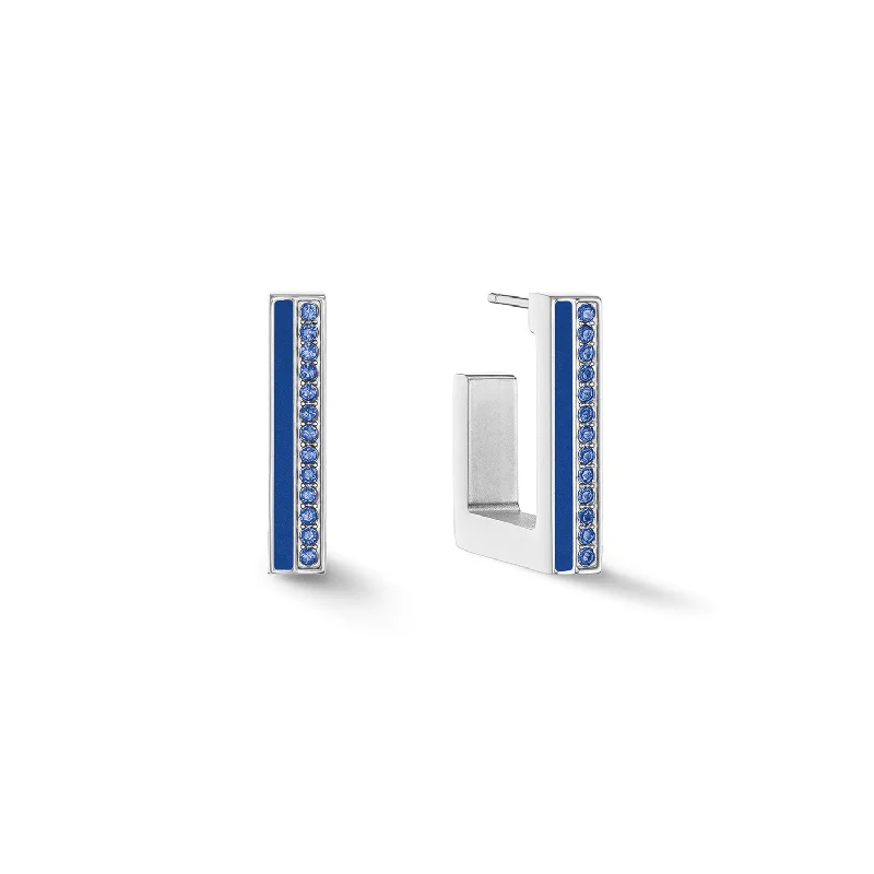 Trendy Ear Jackets-Coeur De Lion Silver and Blue Crystal Stripe Square Hoop Earrings