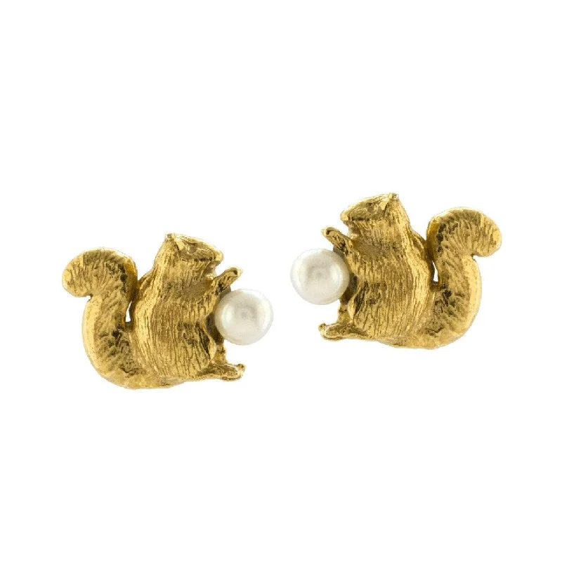 Minimalist Gold Earrings-Alex Monroe Squirrel and Pearl Stud Earrings