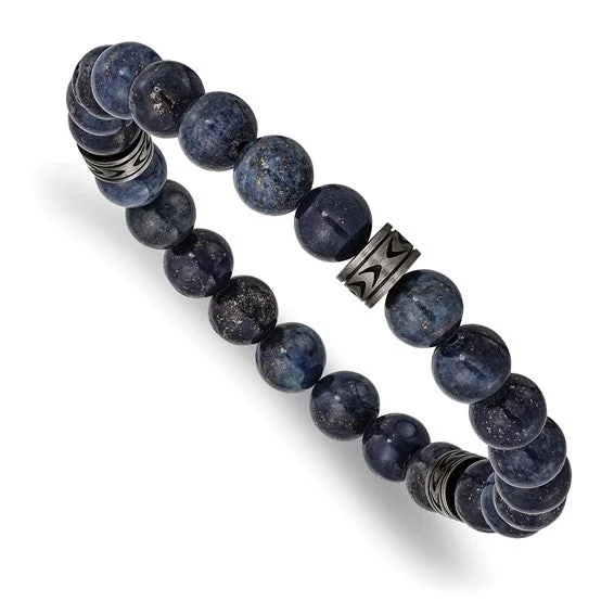 Bohemian Charm Bracelets-Chisel Stainless Steel Antiqued White Bronze-plated 6.5mm Lapis Beaded Stretch Bracelet