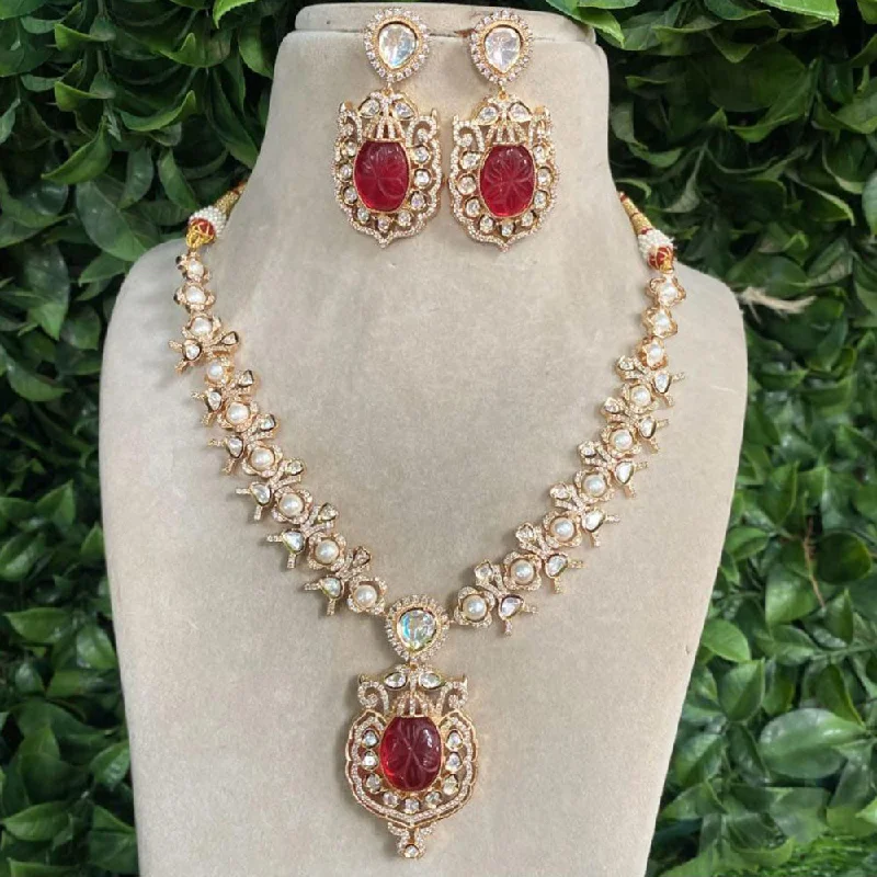 Romantic Heart Necklace-Amoliya Jewels Gold Plated Polki Kundan Stone And Beads Necklace Set