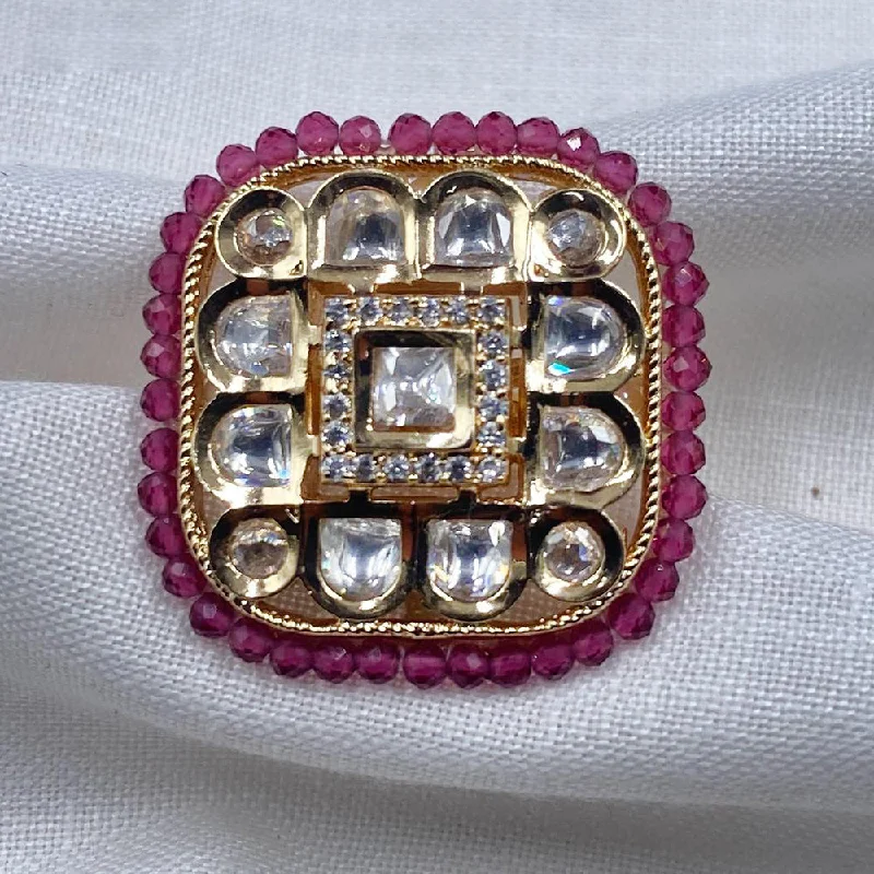 Custom Ring for Anniversary-Royal Kundan Jewellery Gold Plated Polki Kundan And Beads Finger Ring