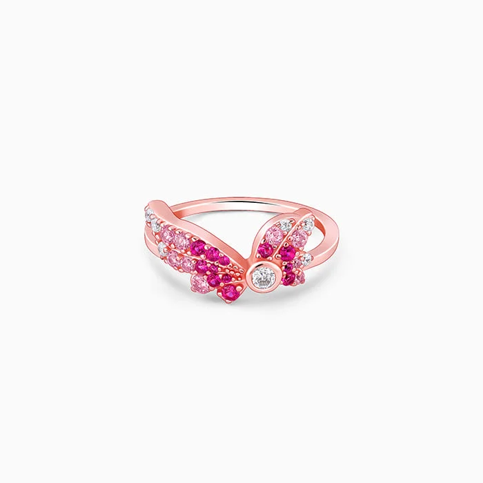 Silver Stackable Rings-Rose Gold Fly In Pink Ring