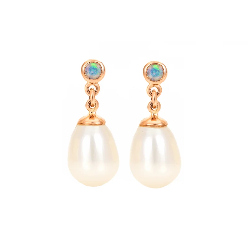 Custom Birthstone Earrings-9ct Rose Gold Opal with Pearl Drop Earrings