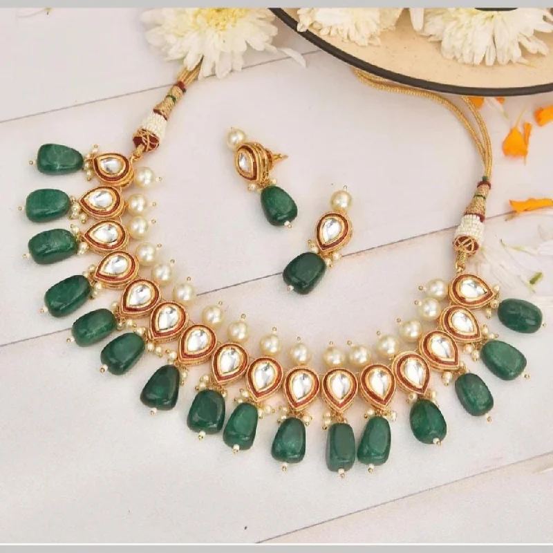 Trendy Chain Necklace-FS Collection Gold Plated Kundan Stone And Beads Necklace Set