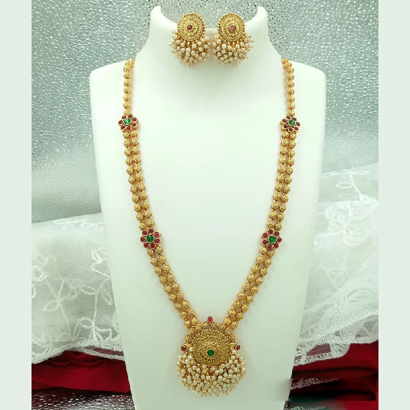 Silver Coin Necklace-Joyful Jewel Art Matte Gold Plated Pota Stone And Pearl Long Necklace Set