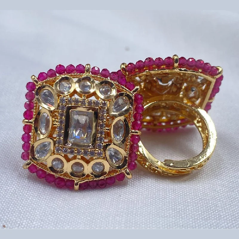 Personalized Birthstone Ring-Royal Kundan Jewellery Gold Plated Polki Kundan And Pearls Finger Ring