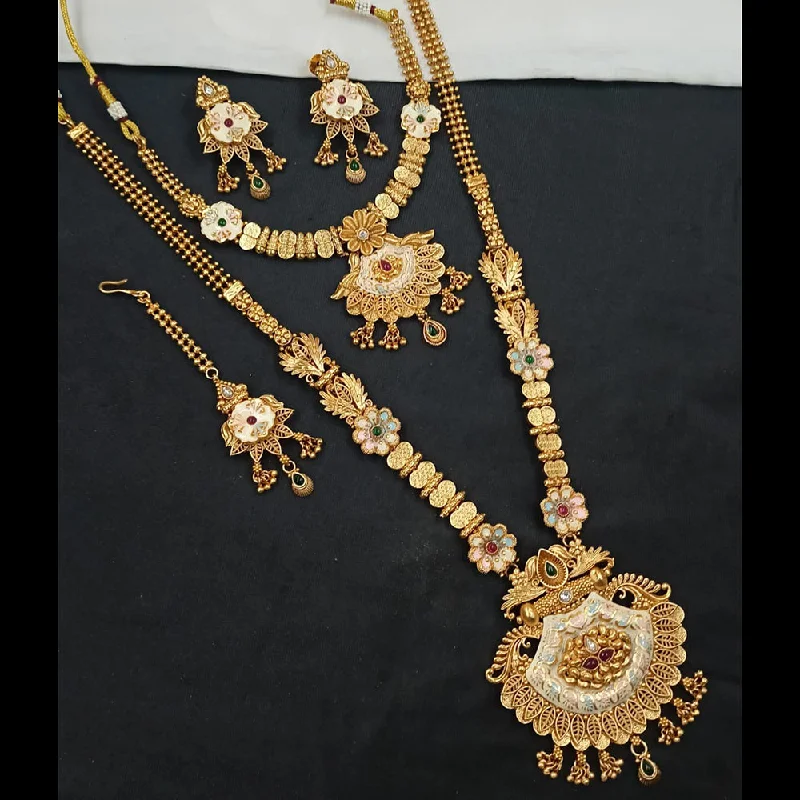 Rose Gold Layered Necklace-Padmawati Bangles Gold Plated Pota Stone And Meenakari Double Necklace Set