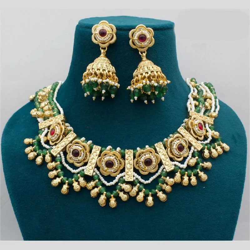 Wedding Bridal Necklace-JCM Gold Plated Pota Stone And Pearls Necklace Set